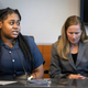 Pieper Lewis, left, speaks with Polk County District Judge David M. Porter during her sentencing hearing, Tuesday, Sept. 13, 2022. Lewis, who was initially charged with first-degree murder after she stabbed her accused rapist to death in June 2020, was sentenced to five years of closely supervised probation and ordered to pay $150,000 restitution to the man’s family.